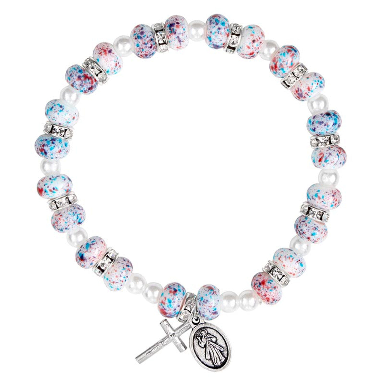 Divine Mercy Rosary Bracelet – 8" Stretchable Glass Beads with Crucifix & Medal, Catholic Gift