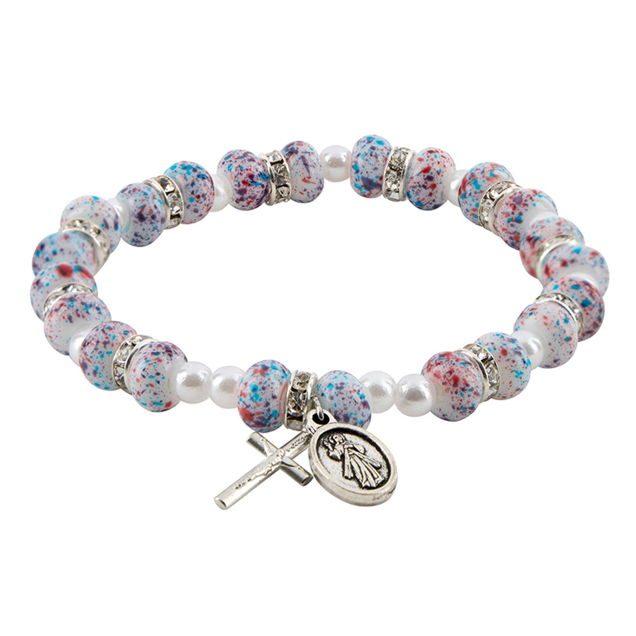 Divine Mercy Rosary Bracelet – 8" Stretchable Glass Beads with Crucifix & Medal, Catholic Gift