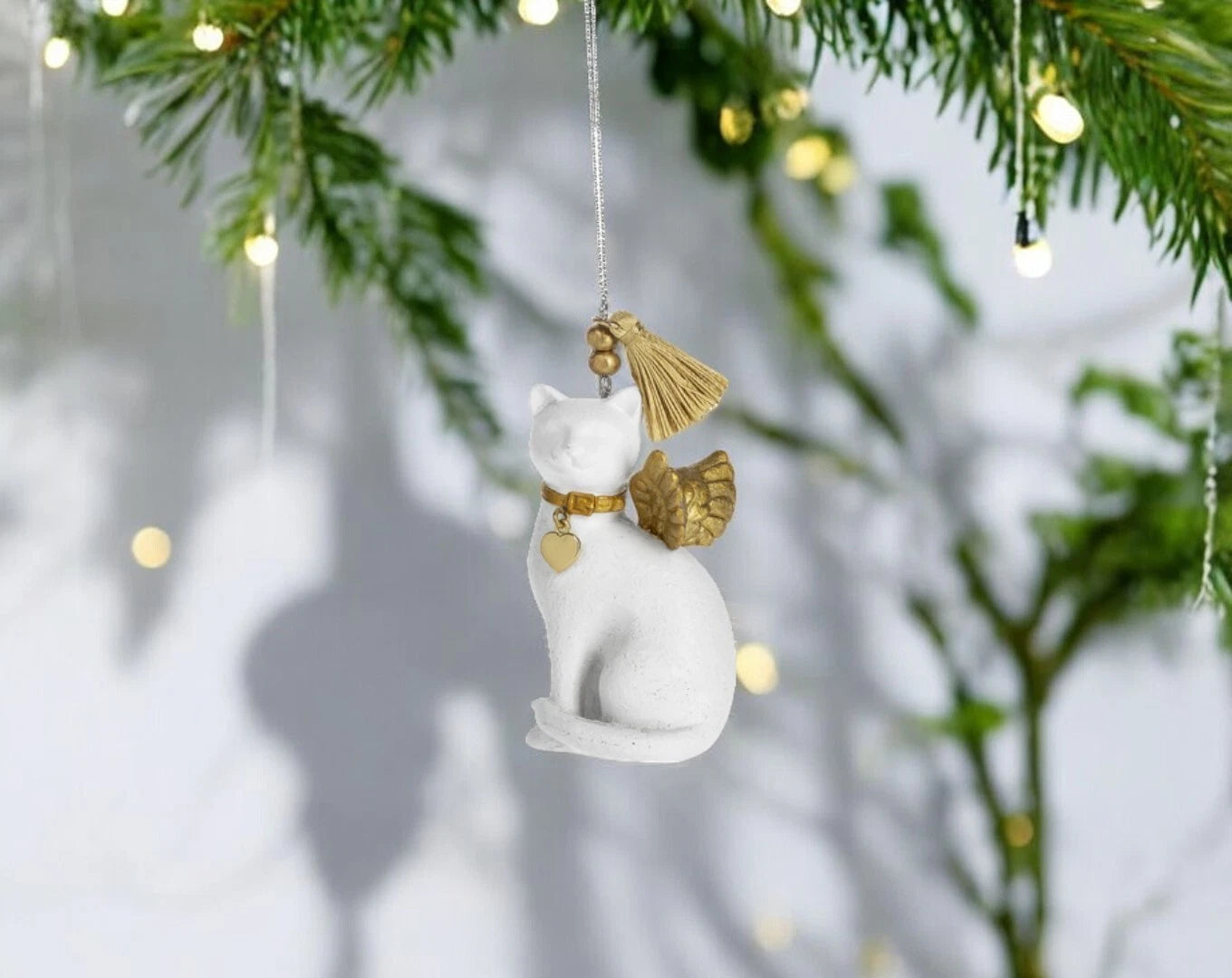 Cat Angel Ornament Figurine, White Cat Christmas Tree Decor