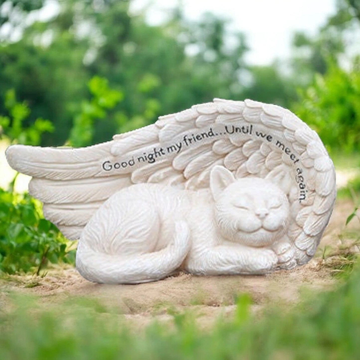Small Sleeping Cat In Angel Wings Figurine, Pet Memorial Grave Marker Stone Gift