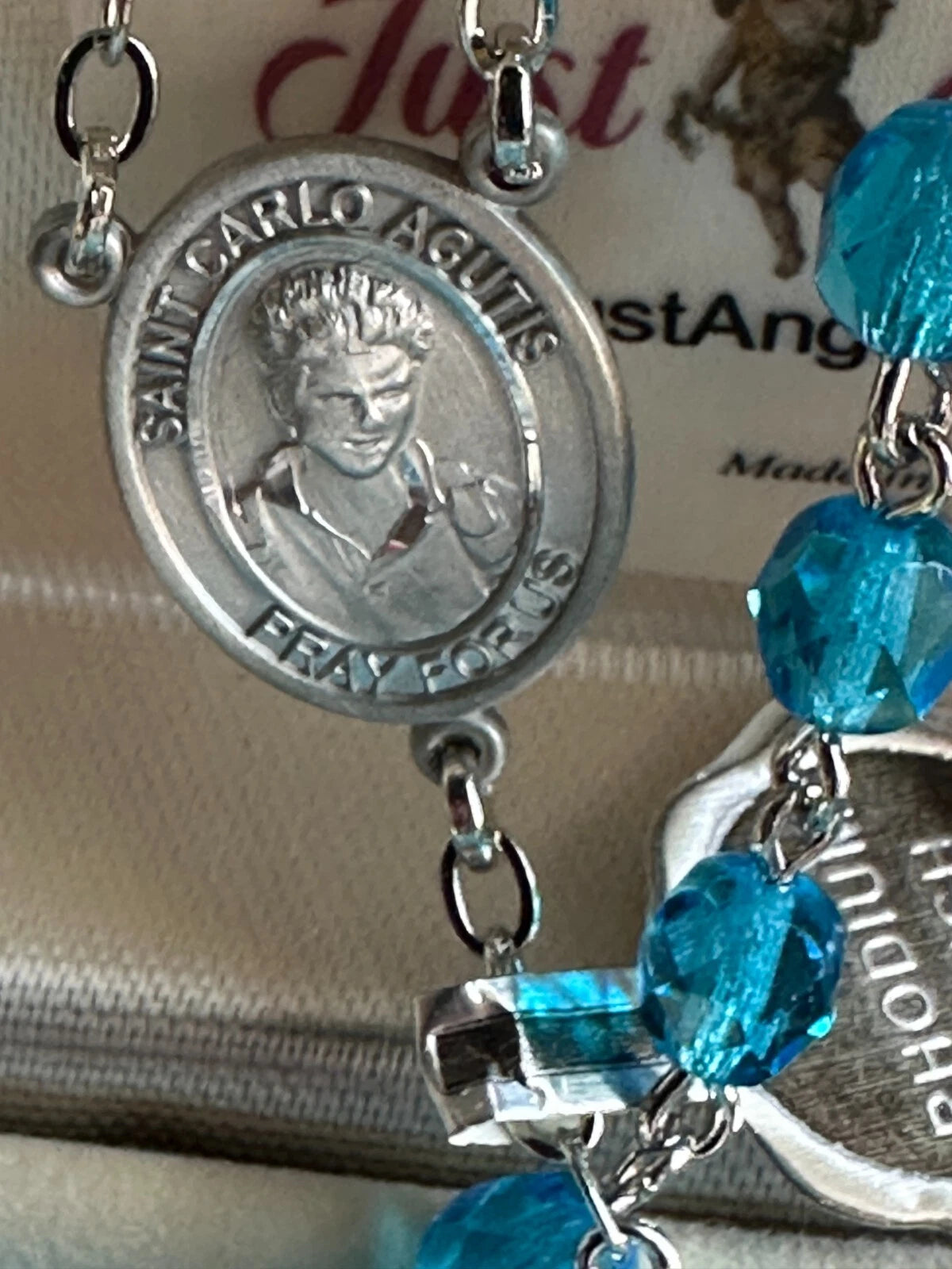 Handmade Pray For Us Blessed Saint Carlo Acutis 6MM Aqua Beads Crucifix Rosary