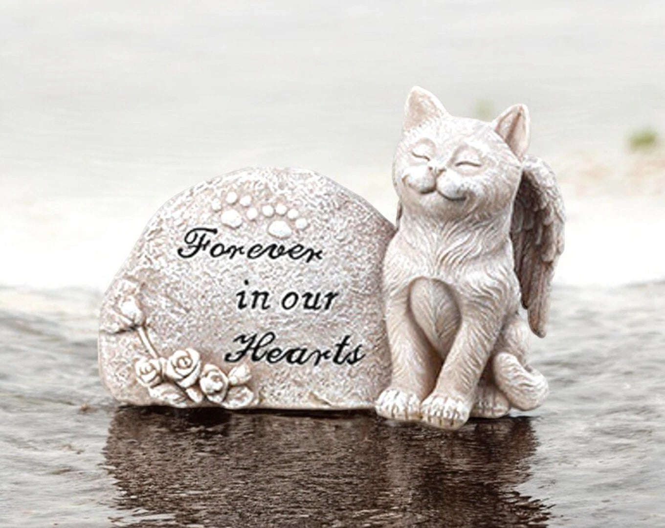 Forever In Our Hearts Cat Angel Figurine, Pet Grave Marker, Kitty Memorial Stone