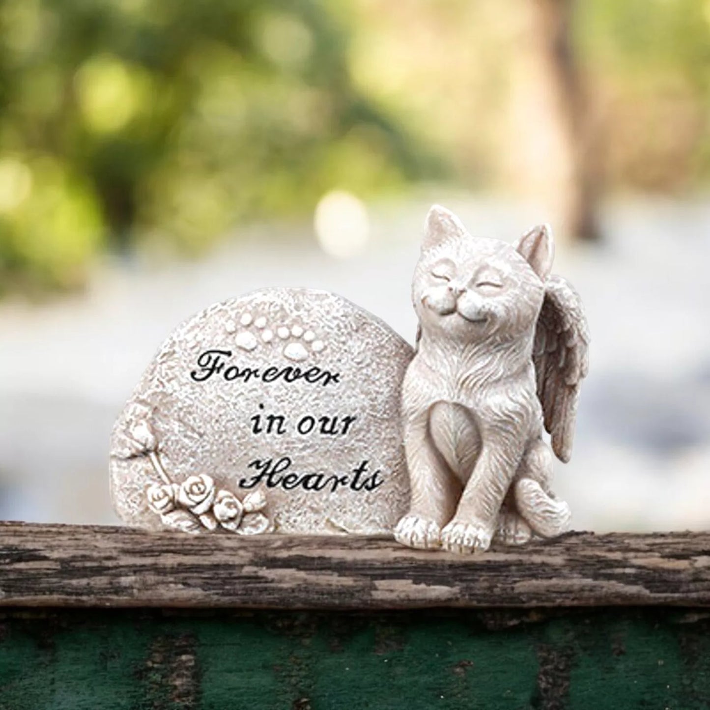 Forever In Our Hearts Cat Angel Figurine, Pet Grave Marker, Kitty Memorial Stone