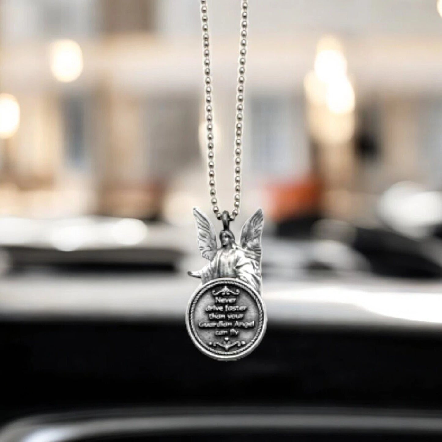 Never Drive Faster Angel Car Charm on 8” Ball Chain - Car Mirror Decor Gift