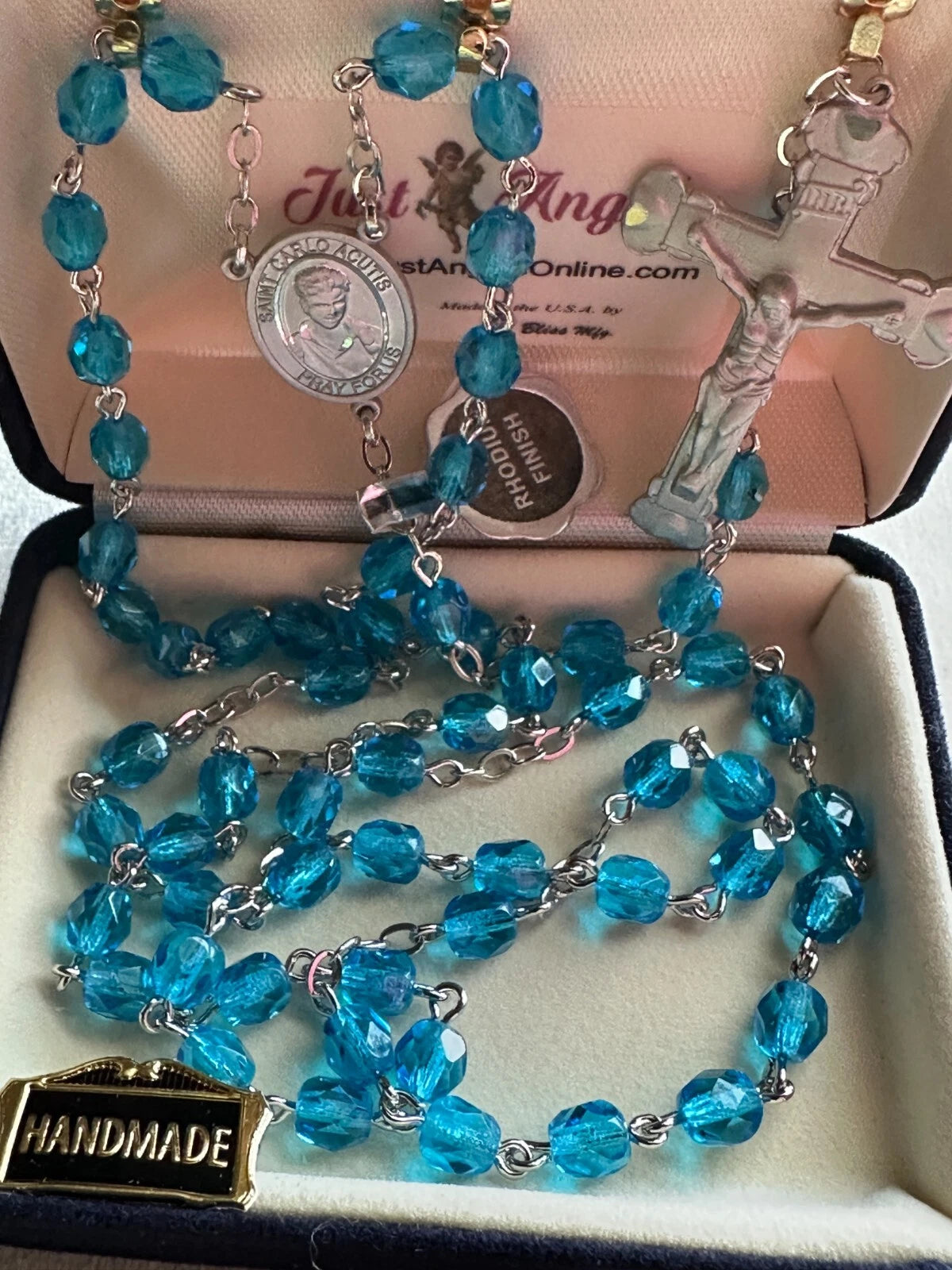 Handmade Pray For Us Blessed Saint Carlo Acutis 6MM Aqua Beads Crucifix Rosary