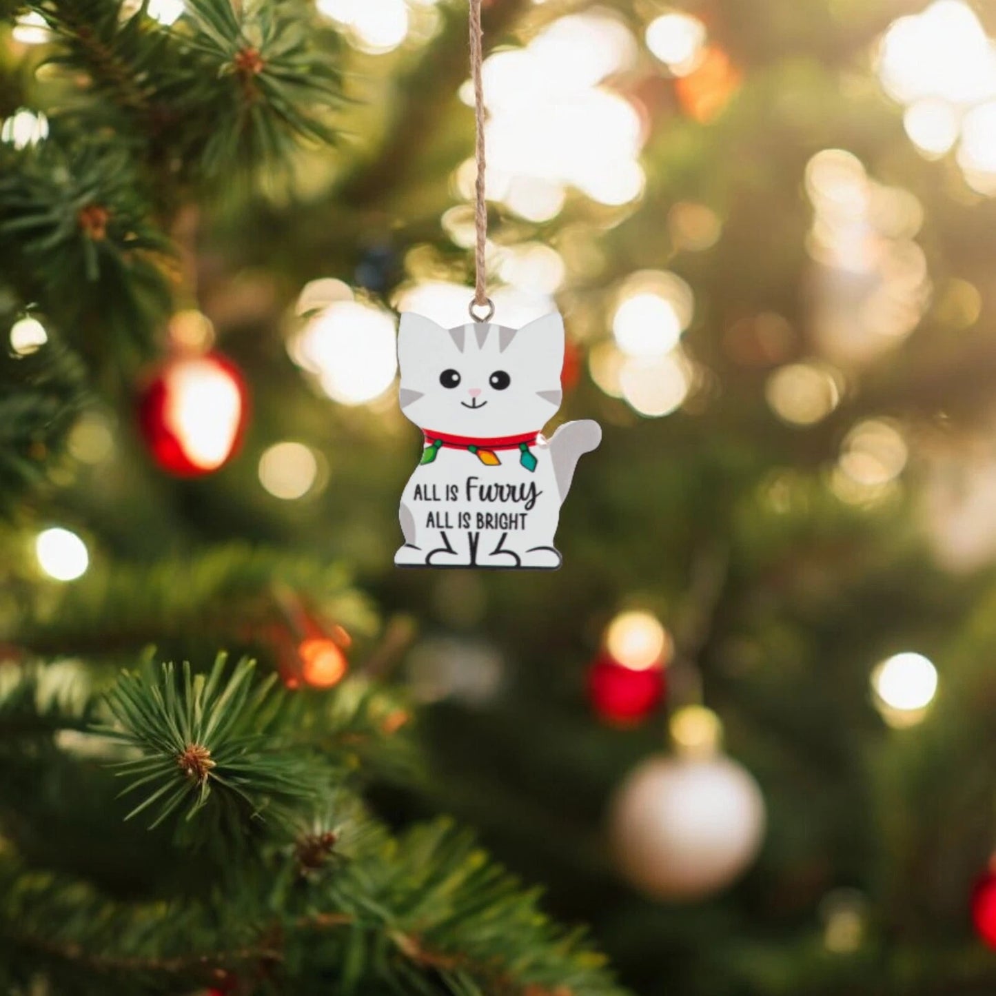 All Is Furry All Is Bright Cat Figurine Christmas Tree Ornament, Pet Lover Gift