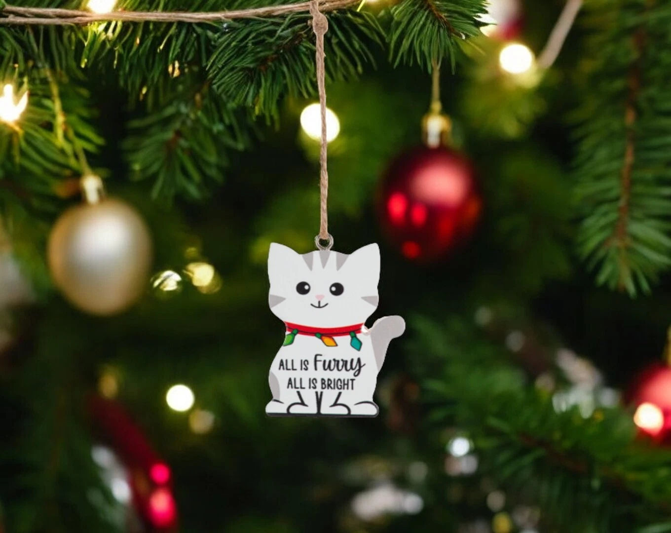 All Is Furry All Is Bright Cat Figurine Christmas Tree Ornament, Pet Lover Gift