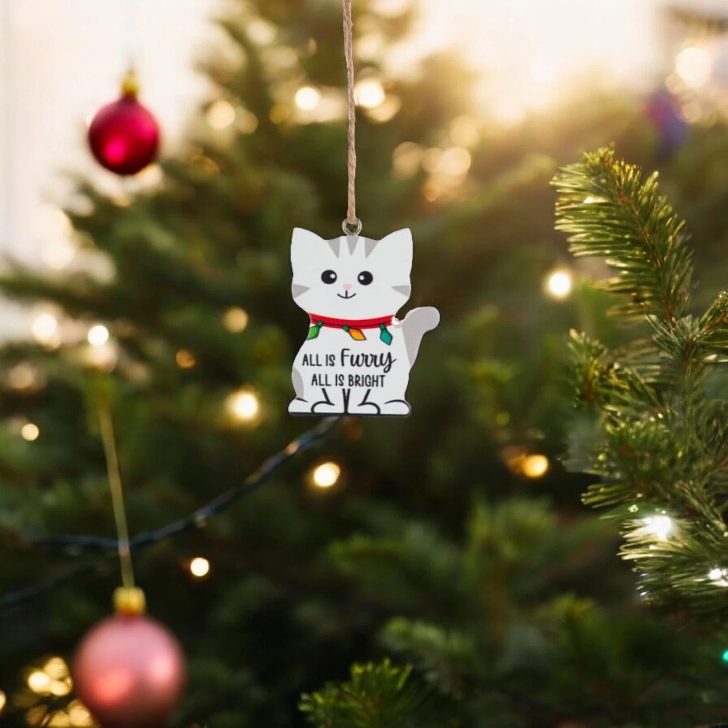 All Is Furry All Is Bright Cat Figurine Christmas Tree Ornament, Pet Lover Gift