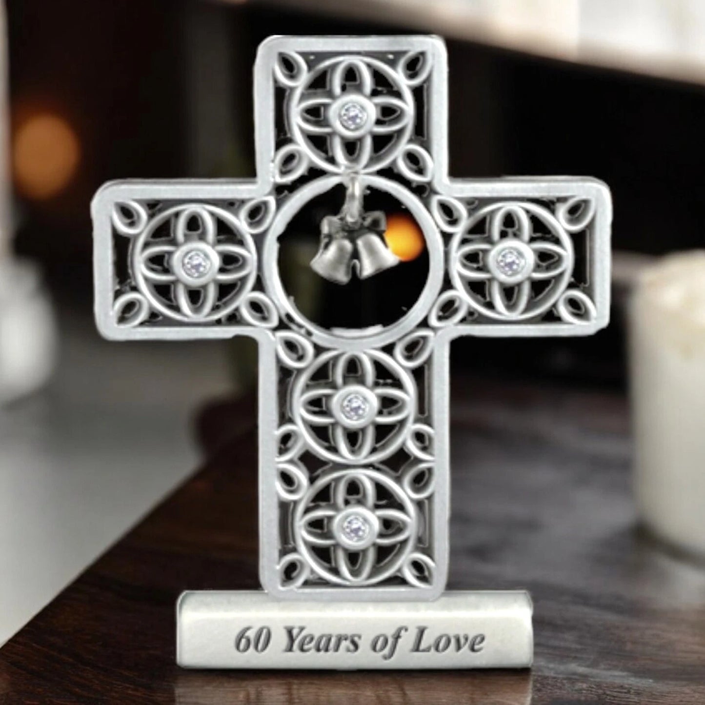 60 Years Standing Cross 3" w/ Bells & Crystals Gift Boxed | Anniversary Gift