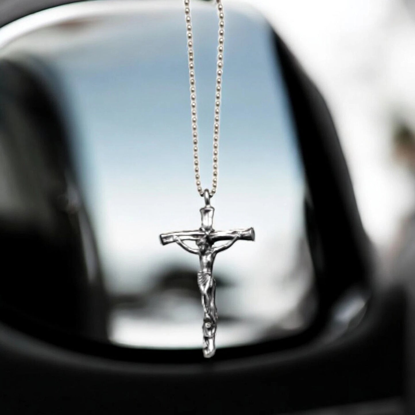 Crucifix Car Charm on 8” Ball Chain | Christian Rearview Mirror Accessory Gift