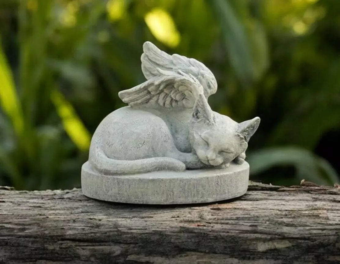 Resin Sleeping Cat w/ Wings Memorial Statue, Garden Angel Figurine, Grave Marker