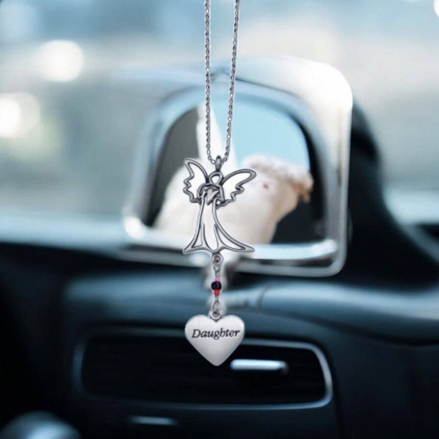 Daughter Angel Car Charm "Never Drive Faster" Beads on 8" Chain