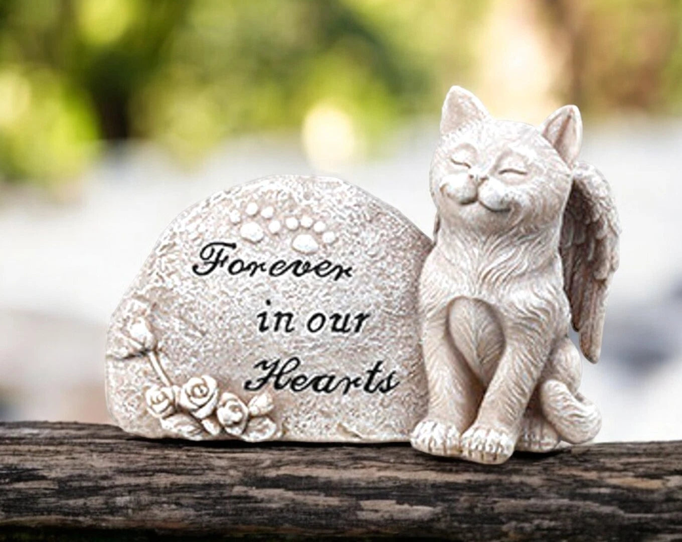 Forever In Our Hearts Cat Angel Figurine, Pet Grave Marker, Kitty Memorial Stone