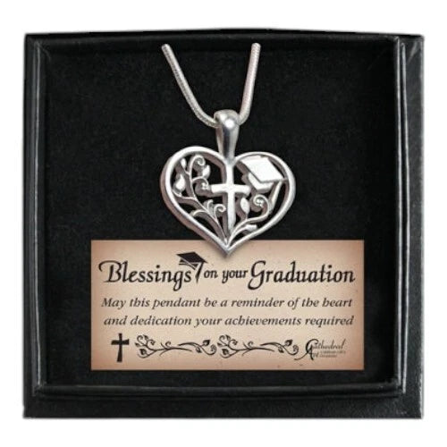 Graduation Heart Cross Necklace on 18" Snake Chain w/ Message Box Christian Gift
