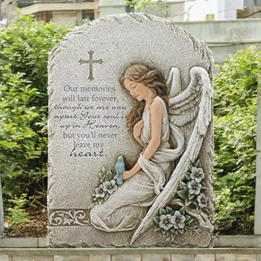 Angel with Blue Bird Stone Plaque - Decorative Garden Art - Memorial Gift