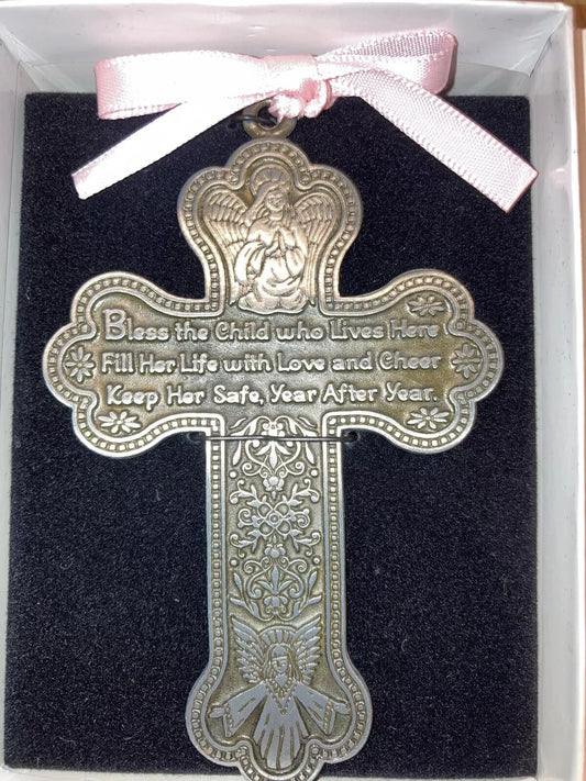 Crib Cross-Bless This Child w/Pink Ribbon-Pewter (Gift Boxed) For A Girl