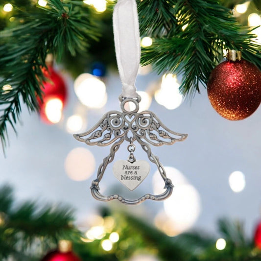 Nurses Rosebud Angel Ornament with Heart & White Ribbon | Nursing Gift Decor