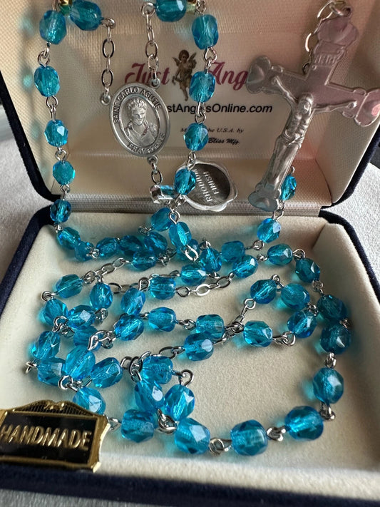 Handmade Pray For Us Blessed Saint Carlo Acutis 6MM Aqua Beads Crucifix Rosary