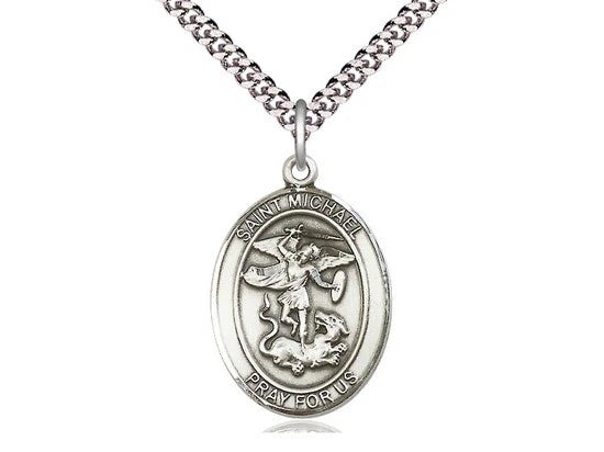 Sterling Silver St. Michael the Archangel Medal on 24" Light Rhodium Curb Chain