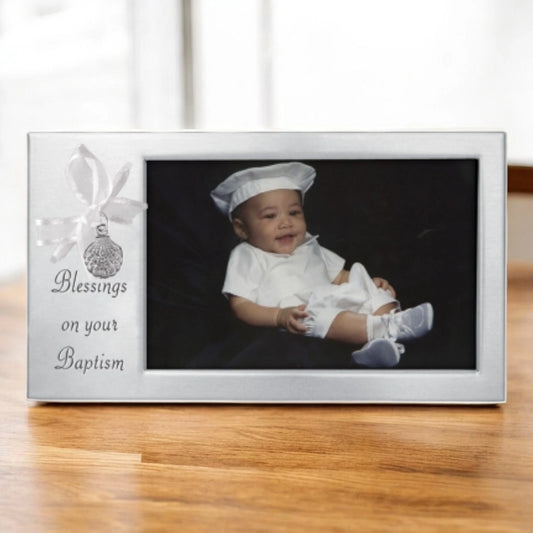 Baptism Ribbon Frame with Shell Charm, Pewter Accent, 4x6 Photo Holder