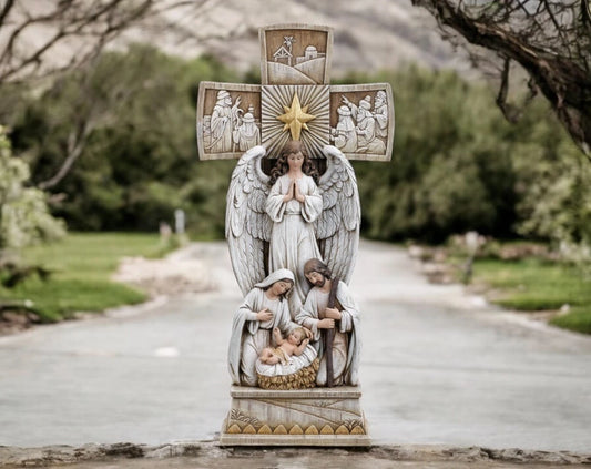 Angel Nativity Cross – Holy Family Standing Cross, Unique Christmas Decoration