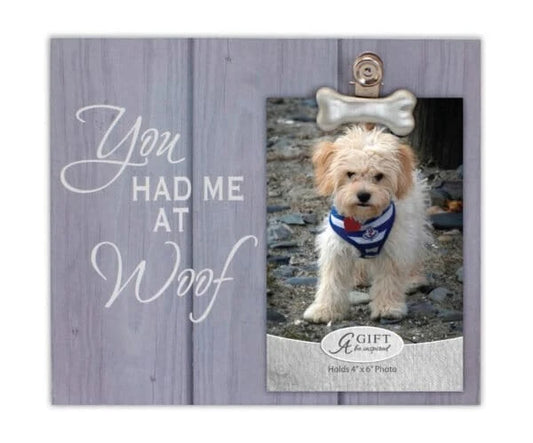 "You Had Me at Woof" Dog Picture Frame – 9x7 Wood Look, Clip Holds 4x6 Pet Photo, Easel Back