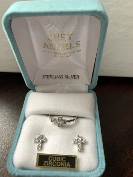 Christian Cubic Zirconia Cross Jewelry Set - Stud Earrings & Adjustable Ring