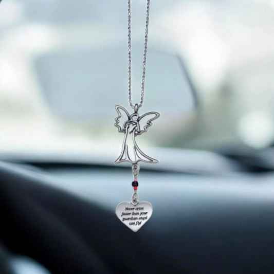 Angel "Never Drive Faster" Car Charm with Beads on 8" Ball Chain - Gift for Driv