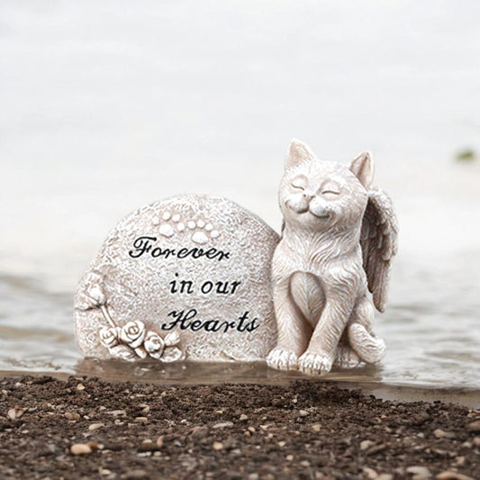 Forever In Our Hearts Cat Angel Figurine, Pet Grave Marker, Kitty Memorial Stone