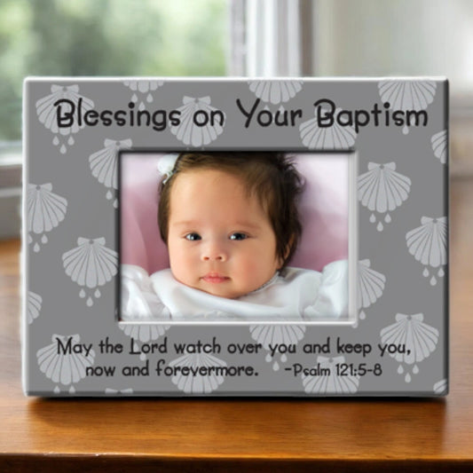 Baptism 6x8 Silver Frame with White Shells - Christening Photo Frame Gift