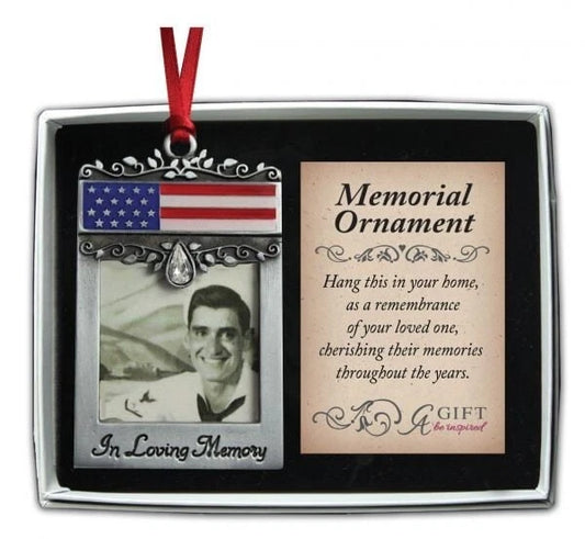 Patriotic Memorial Photo Ornament w/ Crystal & Red Ribbon, Soldier Memorial