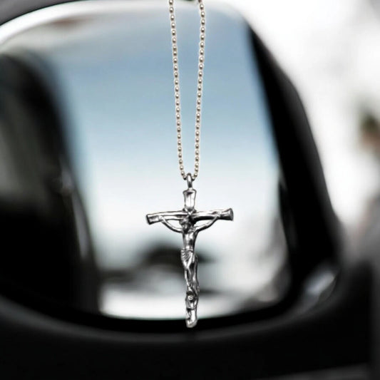 Crucifix Car Charm on 8” Ball Chain | Christian Rearview Mirror Accessory Gift