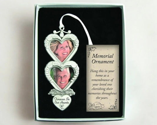 In Loving Memory Family Double Heart Keepsake w/ White Ribbon Two-Sided Ornament