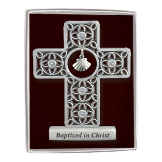 Baptism 3" Standing Cross w/Shell Charm & Crystals - Gift Boxed Religious Gift"
