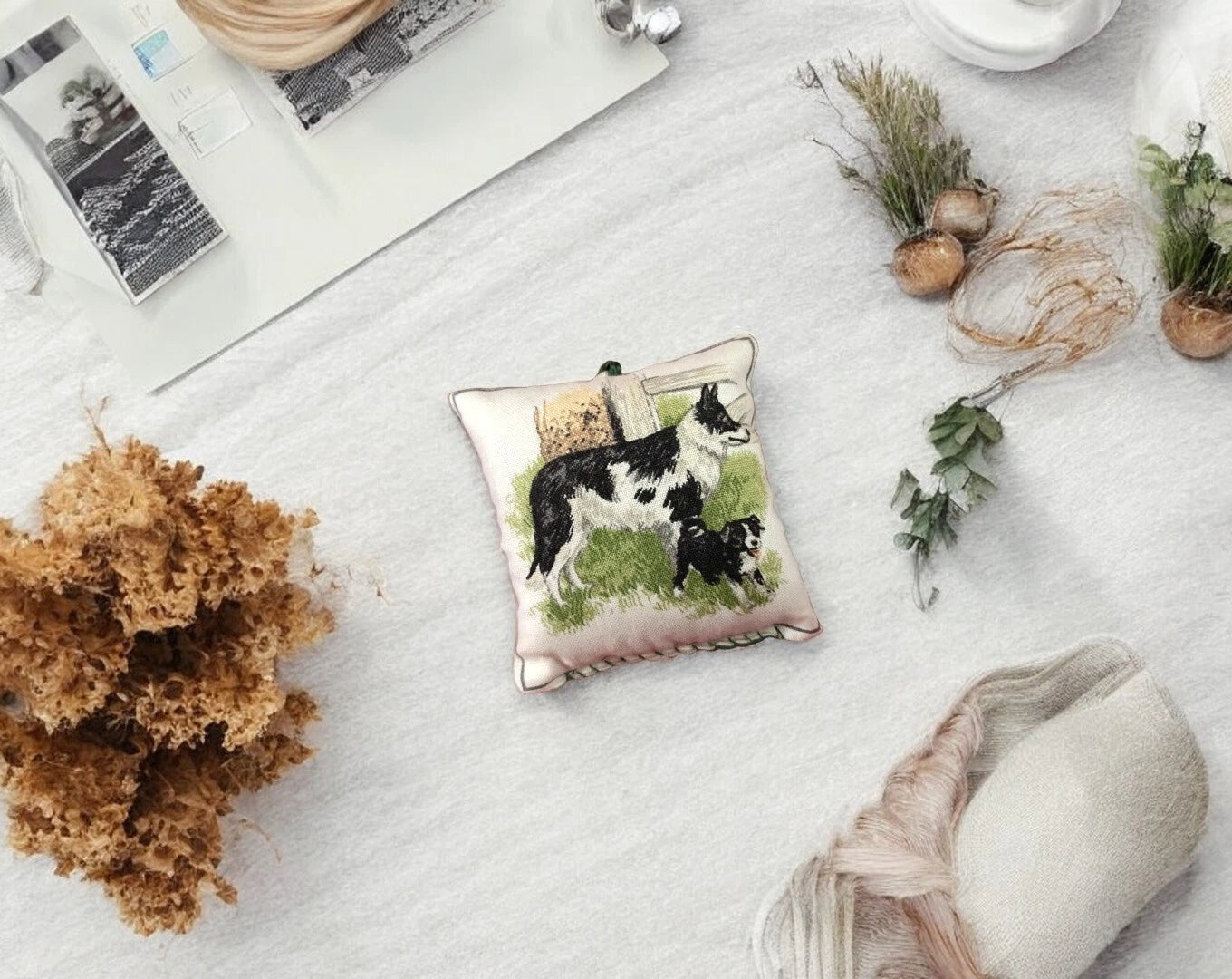 Balsam Fir Filled Mother Dog and Baby Mini Square Pomander 3X3″