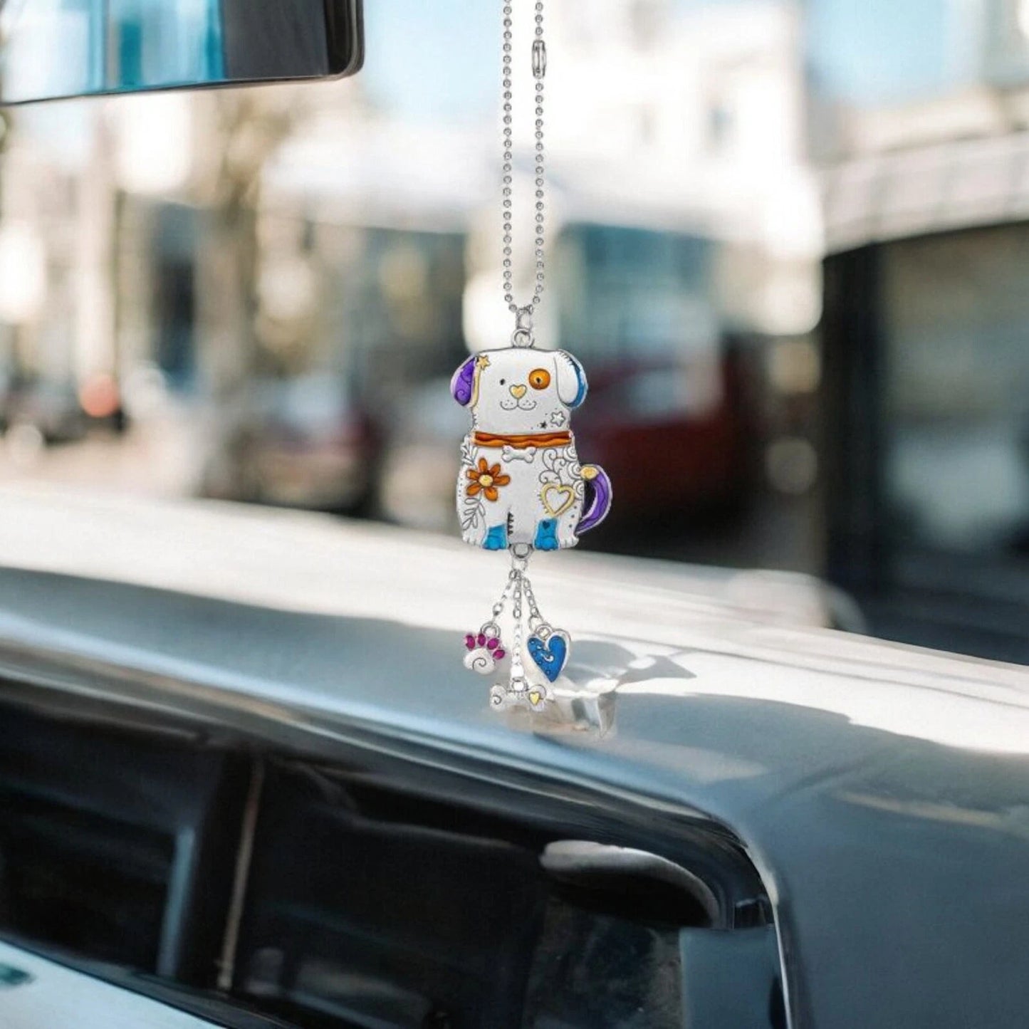 Colorful Dog Car Charm Rearview Mirror Pendant – Cute Multi-Color Puppy Gift, 7.5” Zinc Epoxy Hanging Accessory
