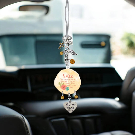 Sister Art Metal Car Charm with Charms on Silver Stretch Cord | Gift for Sister