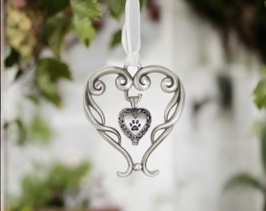 Pet Memorial Heart Ornament with Paw Print Locket – Pet Loss Gift, Ashes Keepsake, Remembrance Decoration