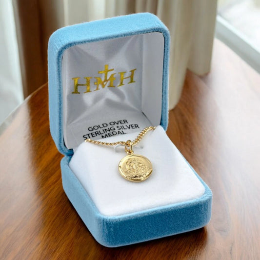 Gold Over Sterling Silver Guardian Angel Medal Pendant for Protection & Blessing