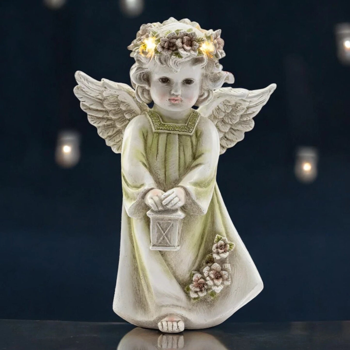 LED Halo Cherub Memorial Statue - Angel Holding Lantern Resin Figurine Decor