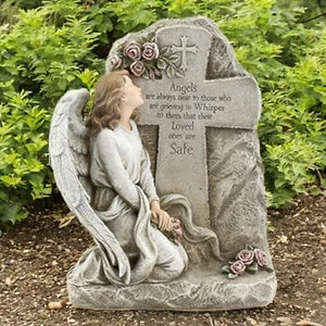 Kneeling Angel with Cross Memorial Statue - Resin Grave Figurine for Remembrance