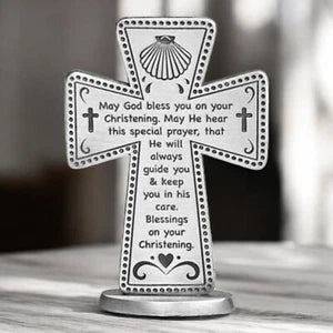 Christening 3 Inch Standing Cross with Message - Gift Boxed Religious Gift