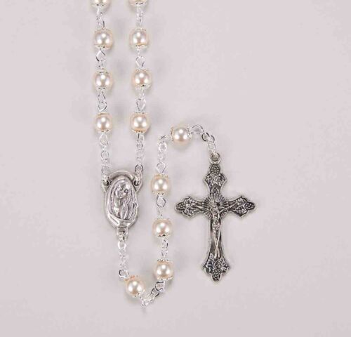 5mm Capped White Imitation Pearl Glass Bead Rosary with Cross & Center
