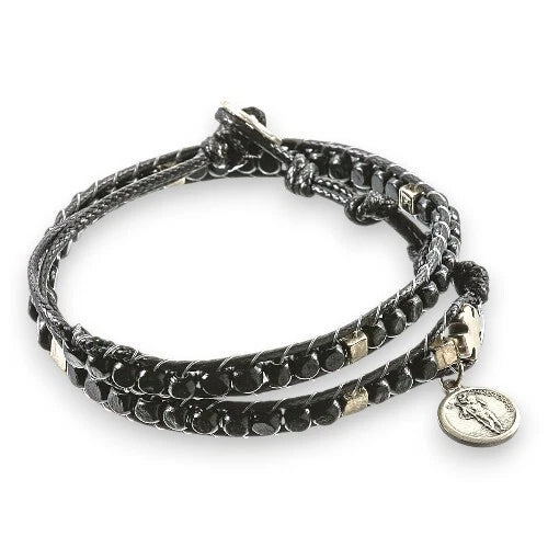 Black Wooden Bead Rosary Bracelet Catholic Prayer Beads Adjustable Faith Jewelry