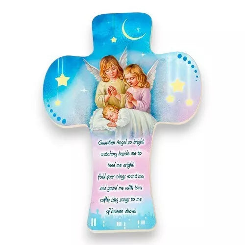 Guardian Angel Over Baby Wooden Cross With A Wall Hook - Religious Nursery Decor
