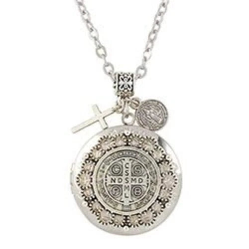 St. Benedict Devotional Locket Pendant Necklace Christian Religious Jewelry