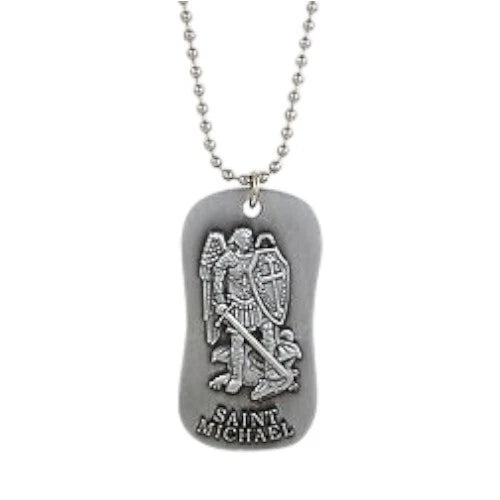 Saint Micheal Creed Dog Tag Style Protection Pendant Necklace, Religious Jewelry