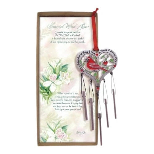 Red Cardinal w/ Heart-Shaped Hanging Windchime Memorial Keepsake Bird Lover Gift