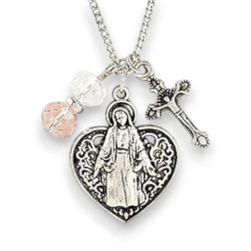 Religious Madonna Necklace for Women Heart-Shaped Medal Pendant w/ Chain Jewelry