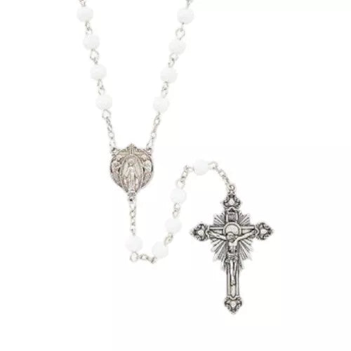 White Adoration of the Blessed Virgin Mary Rosary Beads, Religious Catholic Gift